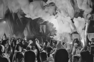 Crowd facing rising smoke and light