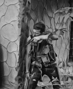 Armed figure taking cover behind a wall